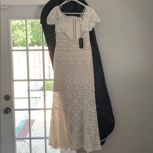 Tadashi shoji nude white lace floor length dress